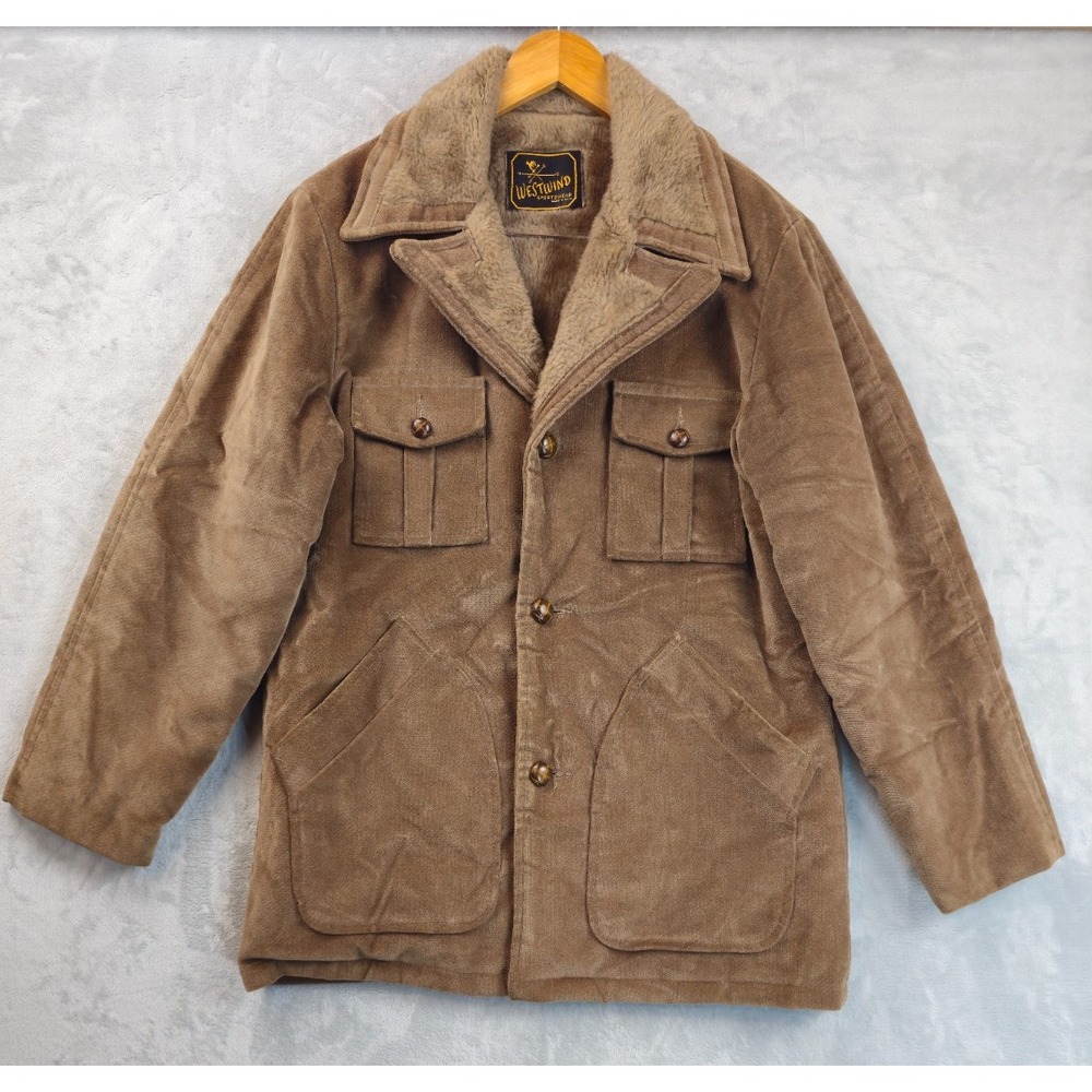 Vtg West Wind Sportsman Brown Faux Fur Lined Coat Medium Woven Leather Button